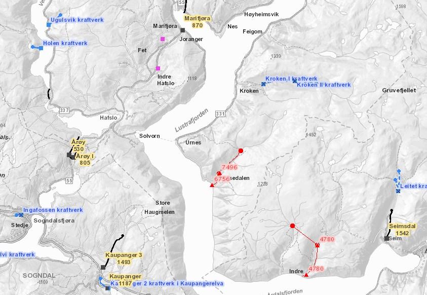 Side 2 av 7 Utbygde kraftverk og nye prosjekt i området, jf. NVE-atlas Eksisterande anlegg: Svart, gul tekst.