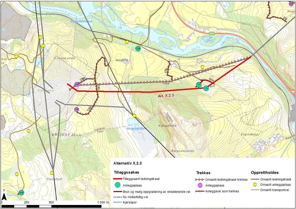 Figur 5: Alternativ.2.3 ved Gilje Alternativet trekker traseen lenger bort fra bebyggelse og registrerte kulturminner i området ved Gilje. Bilde 2: VR-modell av alternativ.2 og.2.3. sett fra nord.