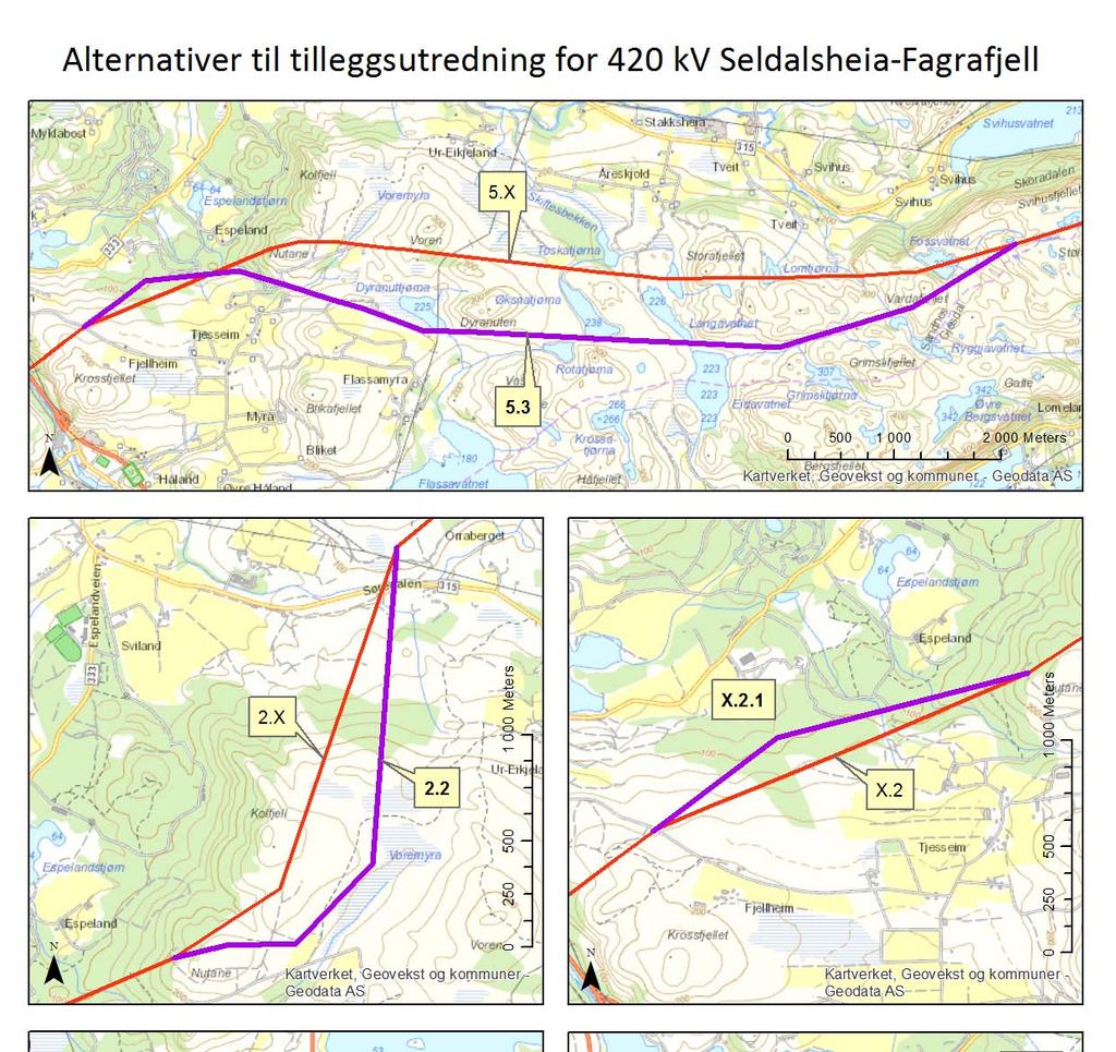 Vurdering justerte traséalternativer 420 kv Seldalsheia Fagrafjell multiconsult.no Alternativ.2.3 følger i stor grad omsøkt trasé.