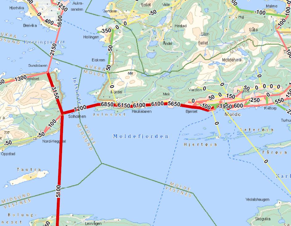 DOK. NR.: 01 REV.: DATO: Side 36 av 48 Figur 5-2 tallene viser endring i ÅDT etter etablering og nedbetaling av Møreaksen, hentet fra KVU Bergsøya- Ålesund. 5.2 Geologi/geoteknikk Når det gjelder konkrete grunnundersøkelser og prøvetaking, så er det ikke utført noe slikt i forbindelse med dette forprosjektet.