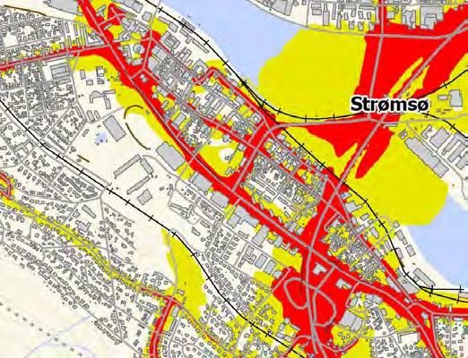 Drammen Eiendom KF Støysonekart med Eiendommen inntegnet med svart stiplet strek.