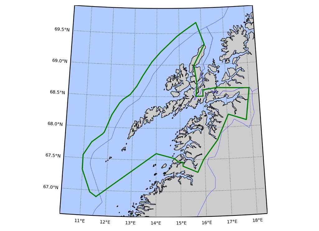 Figur 3-9 Kart over område 8. Området strekker seg fra Folda og nordover til Vestfjorden og Vesterålen. Grensen i sør foreslås satt i området mellom Saltfjorden og Folda.