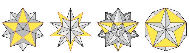 22 KAPITTEL 2. POLYEDERE Figur 2.5: Kepler-Poinsot stjernepolyederene. Fra venstre: lille stjernedodekaeder, store stjernedodekaeder, store ikosaeder og store dodekaeder [Wika].