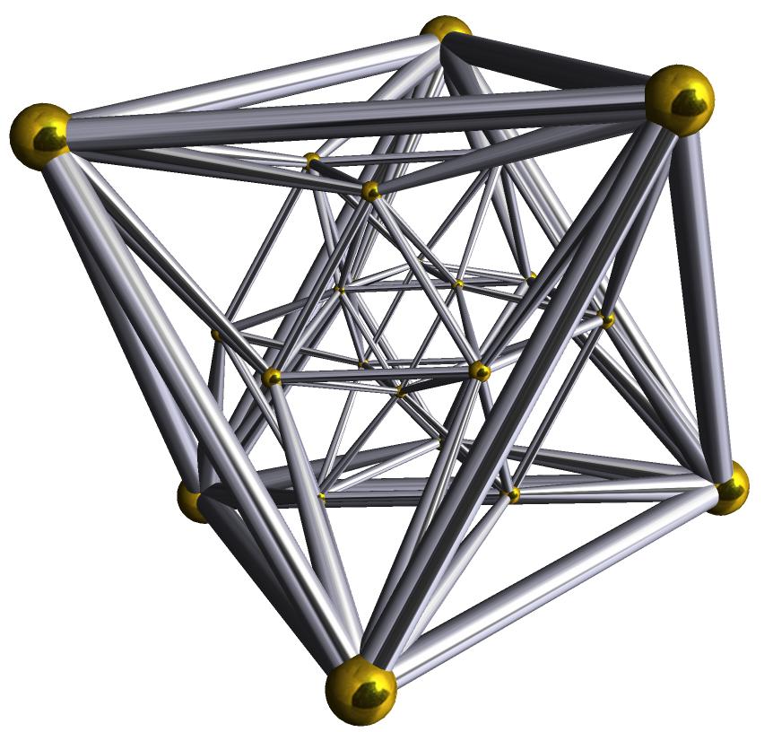 52 KAPITTEL 3. POLYTOPER I HØYERE DIMENSJONER 24-cellen Figur 3.7: Kilde: [Web07] 24-cellen har ingen tre-dimensjonal partner - denne polytopen lever utelukkende i fire dimensjoner.