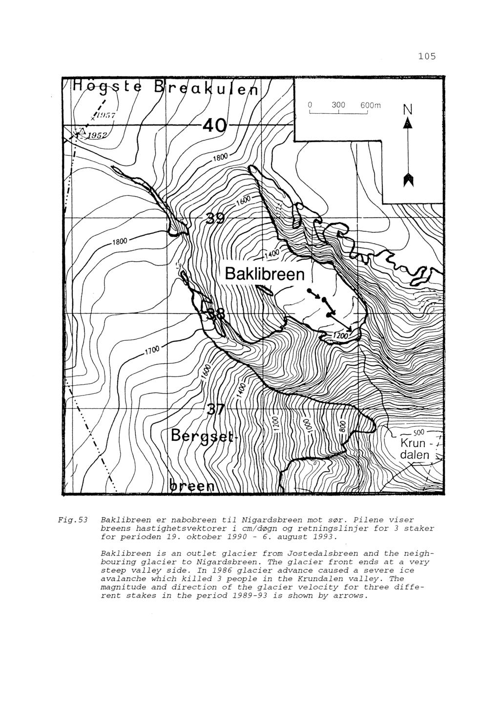 105 o 300 600m N L- ~ ~ Fig.53 Baklibreen er nabobreen til Nigardsbreen mot sør. Pilene viser breens hastighetsvektorer i cm/døgn og retningslinjer for 3 staker for perioden 19. oktober 1990-6.