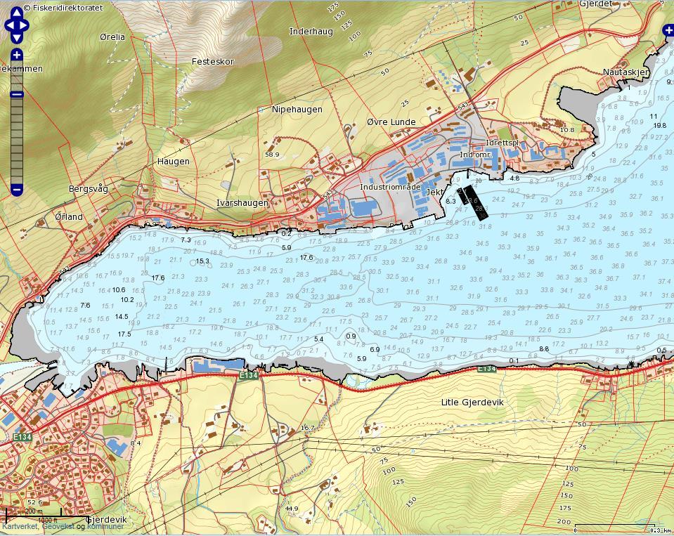 Granberg Garveri Eksisterende Utslipp -30 m dyp Figur 3. Dybdeforhold i sjøområdet utenfor Granberg Garveri AS sitt utslipp i Ølensvåg.