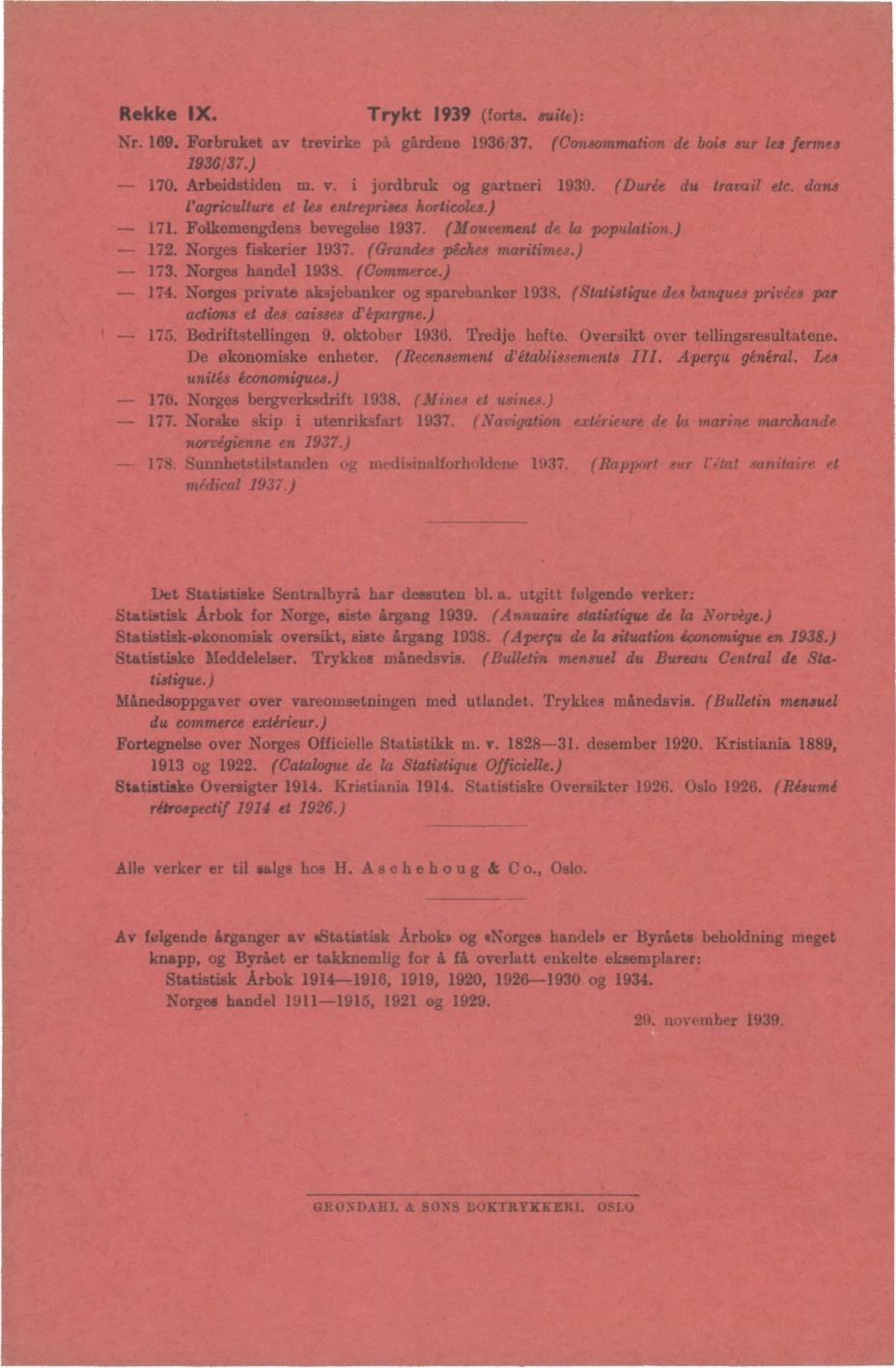 Rekke IX. Trykt (forts. suite): Nr.. Forbruket av trevirke på gdene. (Consommation de bois sur les fermes /.) 0. Arbeidstiden na. v. i jordbruk og gartneri. (Durée du travail etc.