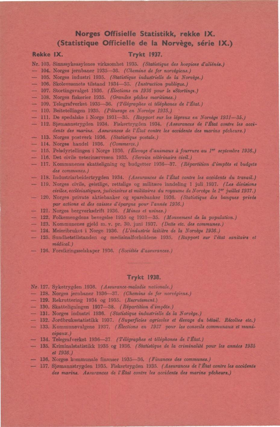 Norges Offisielle Statistikk, rekke IX. (Statistique Officielle de la Norvège, série IX.) Rekke IX. Trykt. Nr. 0. Sinnssykeasylenes virksomhet. (Statistique des hospices d'aliénés.) 0.