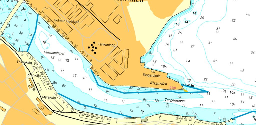 graver seg dypere lengre øst i løpet. I Tangenrenna, sør for Risgarden, har også de fleste sammenlignbare punktene blitt dypere. Figur 7: Områder hvor sedimentene legger seg.