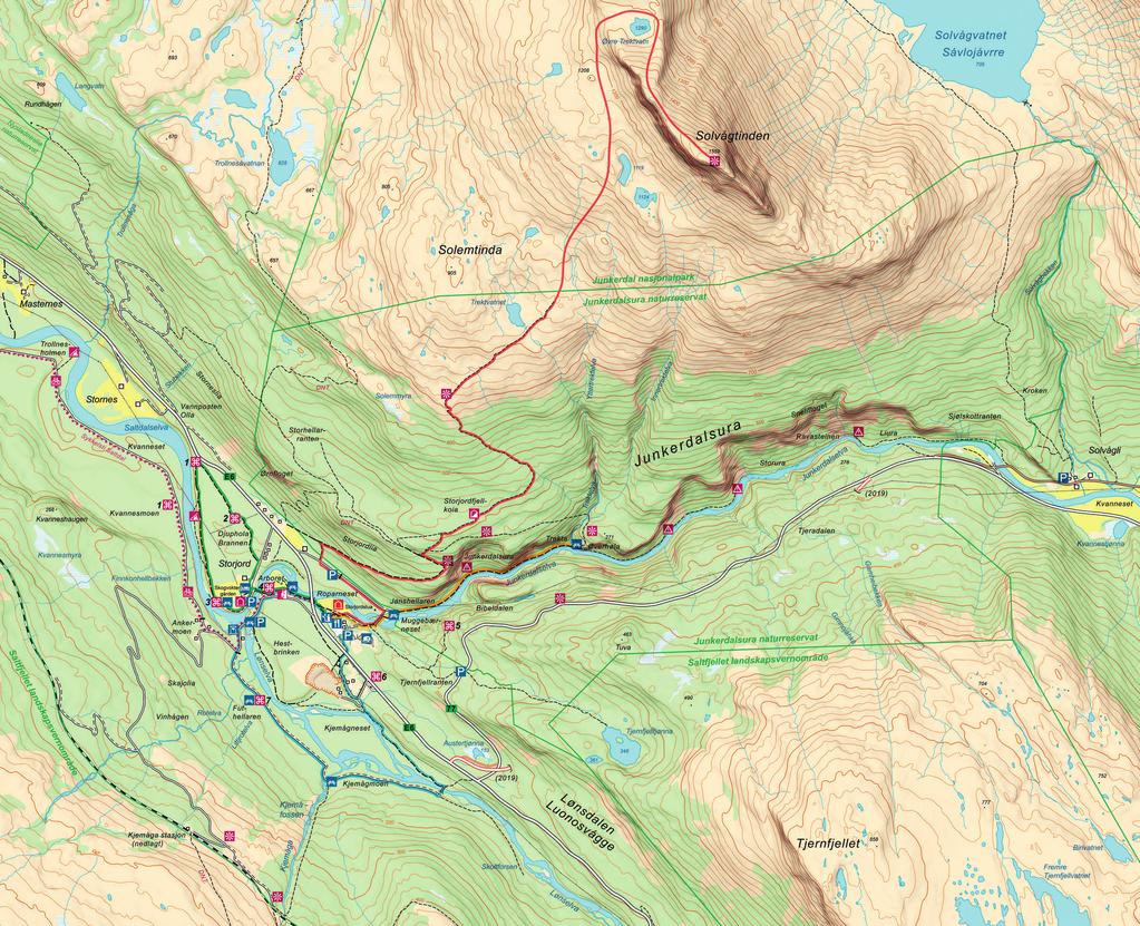 Verneområder rundt Storjord Junkerdalsura naturreservat Vis hensyn i naturen Saltdal er en av kommunene i Norge som har størst areal av vernet natur, og noen av de viktigste verneområdene ligger