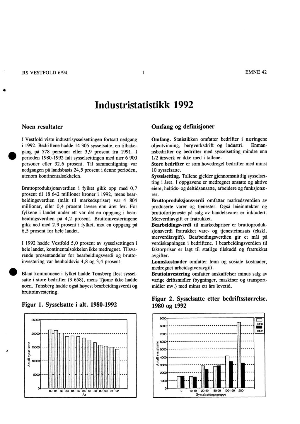 RS VESTFOLD 6/94 1 EMNE 42 Industristatistikk 1992 Noen resultater I Vestfold viste industrisysselsettingen fortsatt nedgang i 1992.