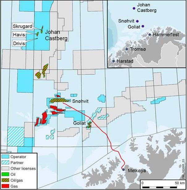 1 Innledning Johan Castberg-feltet i Barentshavet Oppdatering av rapport OR 25/2014 Johan Castberg er en fellesbetegnelse for den planlagte feltutbyggingen av reservoarene Skrugard, Havis og Drivis i