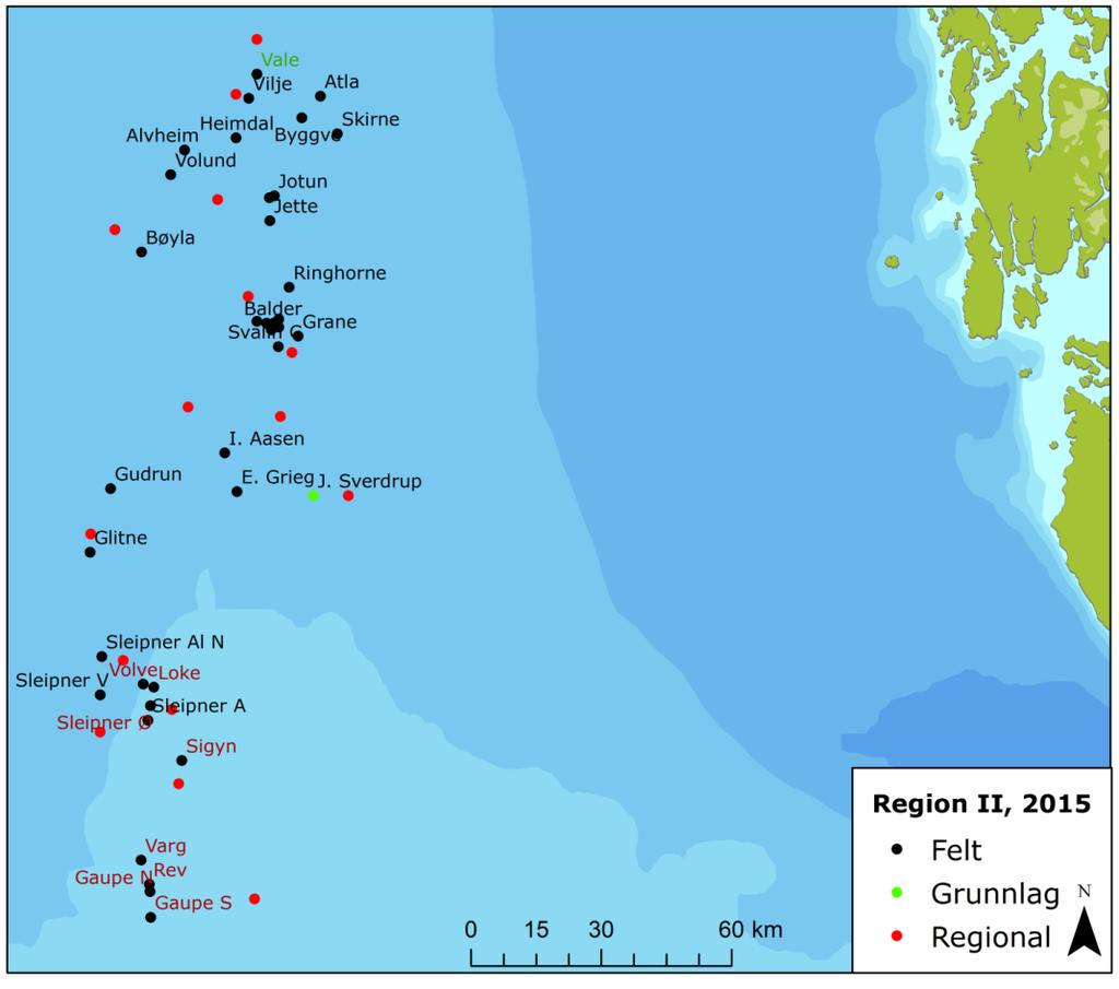 Status for Region 2 På bakgrunn av sedimentkarakteristikk og resultatene fra de kjemiske analysene fra de regionale stasjonene er regionen delt inn i tre subregioner: