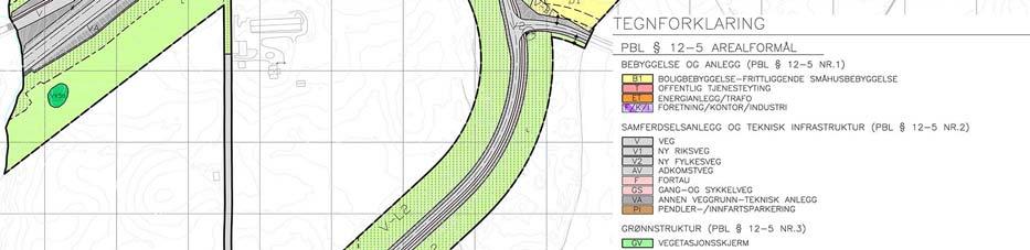 infrastruktur, og næringsarealer regulert til forretning/kontor/industri.