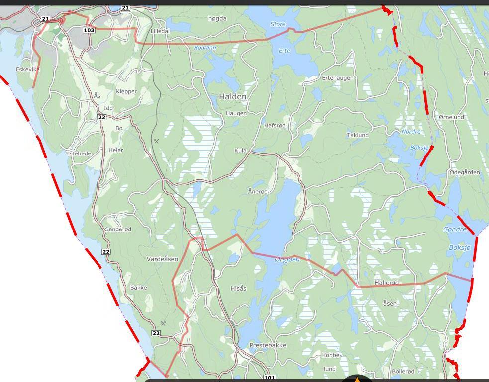 Nord: grense med heltrukken linje mot Os og Tistedal Syd: grense med heltrukken linje mot Prestebakke Øst: