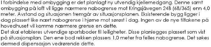 Side 5 Ny kjellernedgang til boligen kommer i nabogrensen til gnr/bnr 68/365. Nabo har angitt at de på ingen måte gir tilgang til etablering av noe på deres grunn, noe de påpeker allerede er gjort.