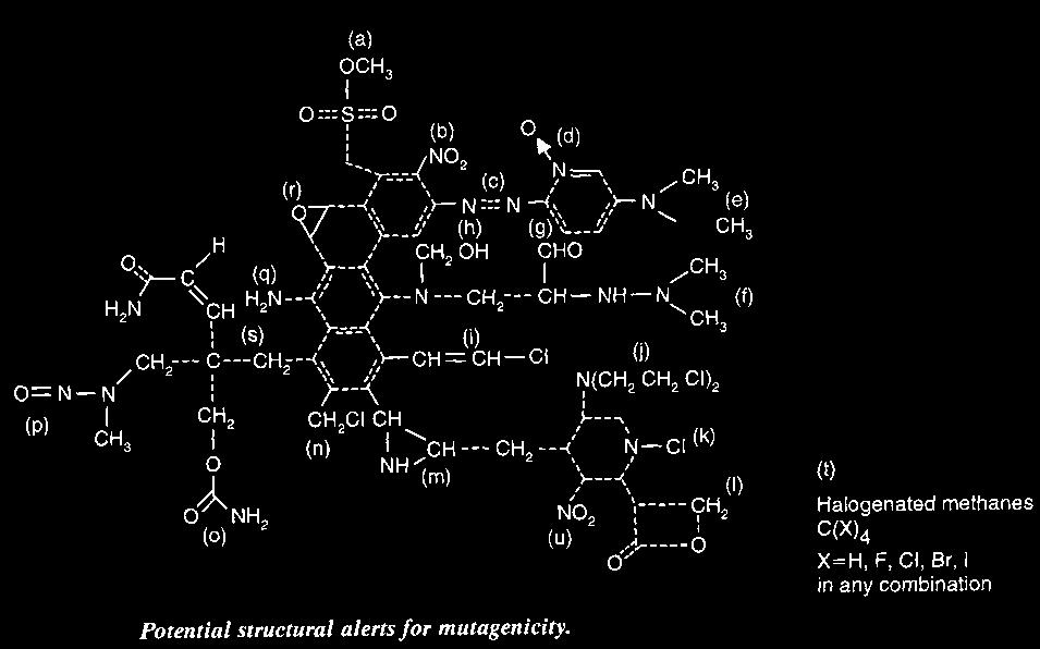 Mutagenicity (a) alkyl esters (b) aromatic nitro (c) aromatic azo groups (d)
