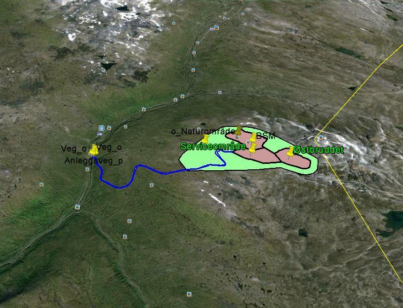 Figur 1. Illustrasjonskart: Lokalisering av dagbrudd, steintipp, serviceområde og adkomstvei (Google Earth) 1.2.