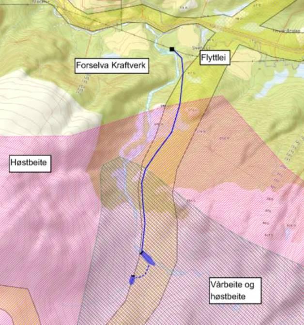 Figur 2. Inntaksdammer, inntak og rørgater er planlagt i reindriftas flyttlei (figur hentet fra konsesjonssøknad).