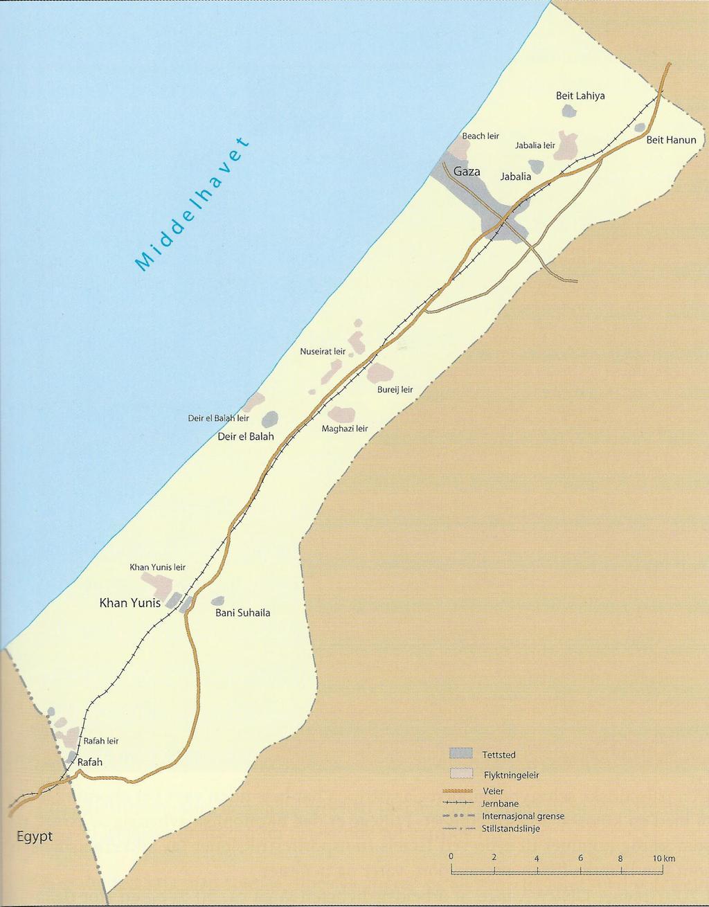 KART OVER GAZASTRIPEN Hovedkvartere til UNEF (FN-styrkene) var utenfor Gaza by, i den nordlige del av Gazastripa, og så hadde de et depo i Rafah, helt ved grensa mellom Egypt og den