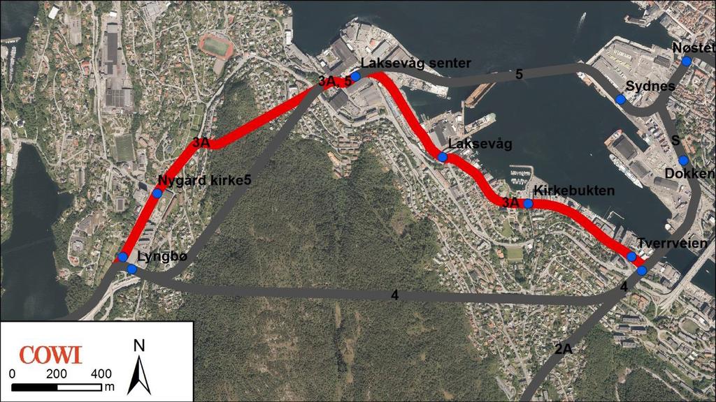 Korridor 3 Sentrum-Puddefjorden-Laksevåg-Storavatnet Denne korridoren (korridor 3A) krysser Puddefjorden og går langs Puddefjorden ut mot Laksevågneset og sydover til Lyngbø.