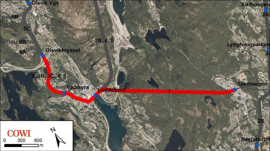 Korridor 1 Spelhaugen Loddefjord Storavatnet Denne korridoren er en forlengelse av byggetrinn 4 videre fra Spelhaugen til Loddefjord og Storavatnet.