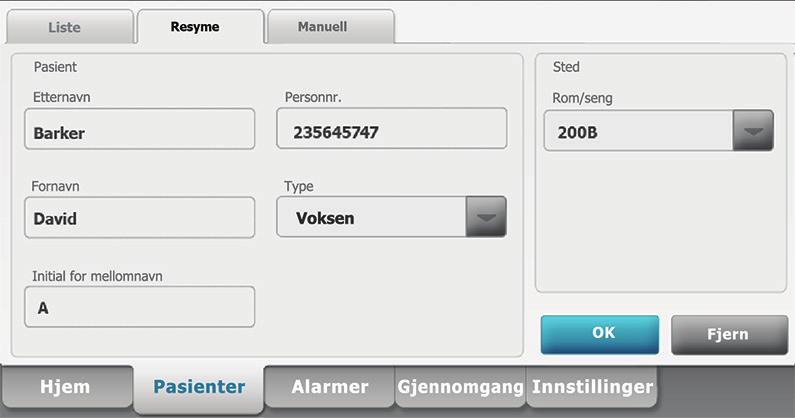 Legge til en pasient på pasientlisten (ikke koblet til ) Konfigurere parameteralternativer 1. Berør Pasienter-fanen. 2. Berør Legg til. 3. Berør og legg deretter inn pasientinformasjon. 4.