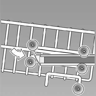 Overkurv med øvre eller nedre hjulpar. 1. Trekk overkurven 1" ut. 2. Ta ut overkurven og heng den inn igjen på de øvre (trinn 3) hhv. nedre (trinn 1) hjulene.. Vaskemiddel Vaskemidel 3.