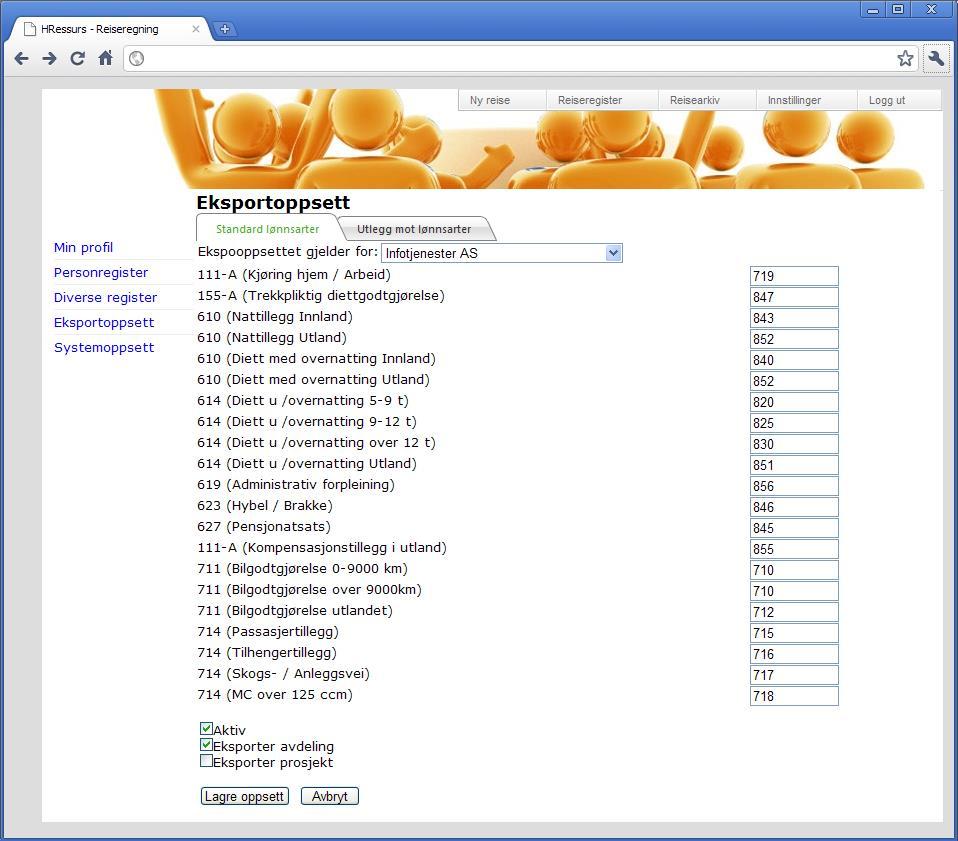5 Eksportoppsett Reiseregningsprogrammet trenger informasjon om de lønnsarter du benytter i lønnssystemet. Velg Eksportoppsett, og velg Endre. Her angir du hvilke lønnsarter ditt lønnssystem benytter.