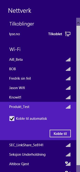 Altibox Fiberbredbånd 3 Oppkobling av pc til internett med Windows 8 4. Velg Koble til et nettverk 5.