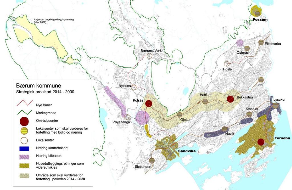 20 av 81 2.4 Kommuneplaner Kommuneplanen i Bærum kommune I samfunnsdelen med arealstrategi 2013-2030 angir Bærum kommune hovedutbyggingsretninger mot Fornebu, Sandvika og Fossum.