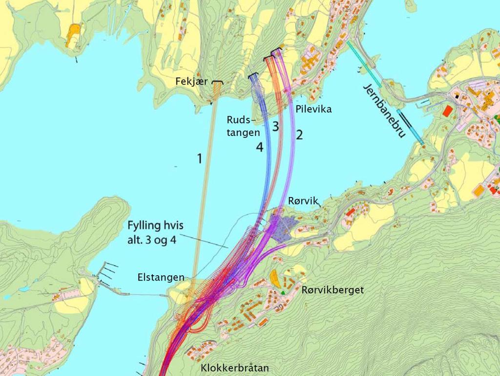 39 av 81 Kryssing av Kroksund, samordning mellom jernbane- og vegbru For kryssing av Kroksund vil det bli delt løsning med bane nær Sundøya og veg lengre sørvest i Kroksund.
