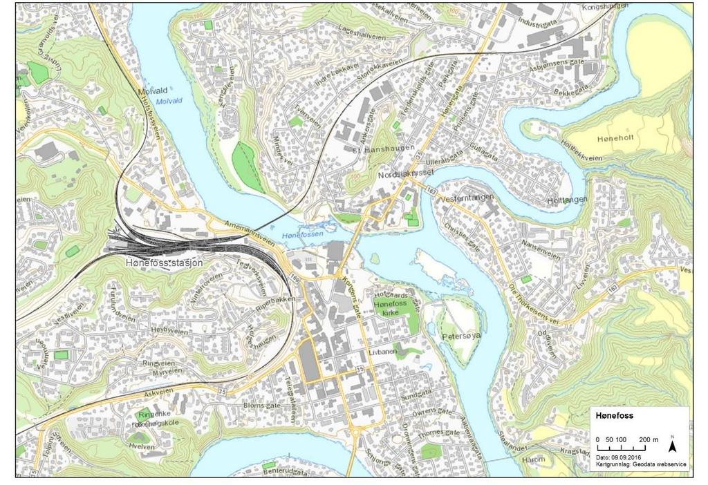 45 av 81 Figur 4-10 Bykart for Hønefoss. Ulike stasjonsfunksjoner skal vurderes, deriblant i hvilken grad det skal tilrettelegges for bilparkering eller sykkelparkering.