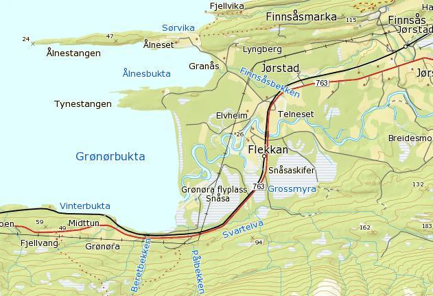 Figur 10. Oversiktskart som viser områdene ved Finsås og Jørstad på østsida av Snåsavatnet. Rødt rektangel viser kartutsnitt 3 med Mortensholmevja.