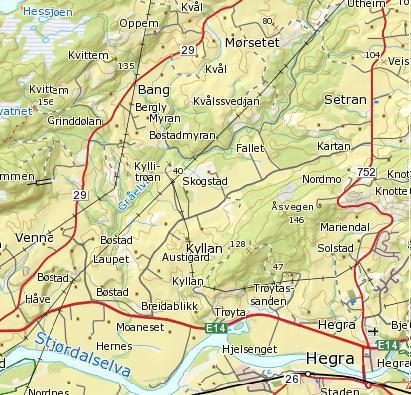 1 2 Figur 2. Kart over område langs Gråelva og Hegra i Stjørdal. Rødt rektangel øverst til høyre viser kartutsnitt 1. Nedenfor lengre mot venstre kartutsnitt 2. Kart: www.atlas.