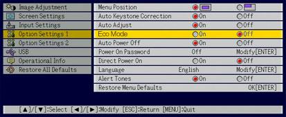 Slik konfigurerer du Option Settings Eco Mode 3 4 Trykk på tasten [ESC]. Trykk på [ ] tre ganger for å velge Option Settings. Trykk på tasten [ENTER].