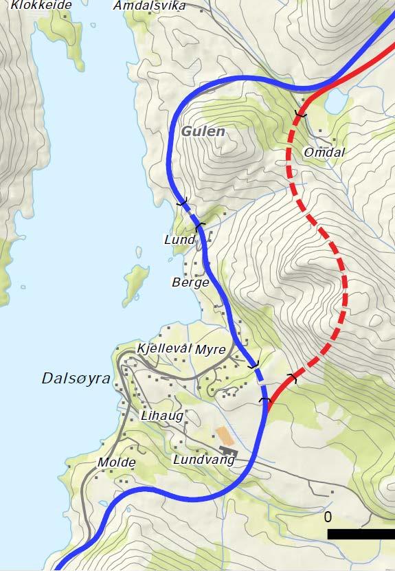 Delstrekning 1 Dalsøyra Konfliktar Dagens veg er svært svingete Viktig kulturlandskap ved Molde og nord i Dalsøyra Omlegging er naudsynt