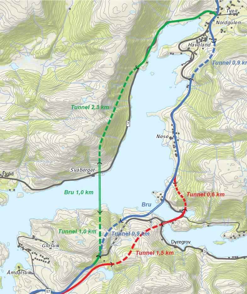 Delstrekning 1 Omdal-Nordgulen Konfliktar Dagens veg er svært svingete vest for Omdaltunnelen, Livresundet og Haveland Omlegging er naudsynt To alternativ ved Livresundet er vurdert.