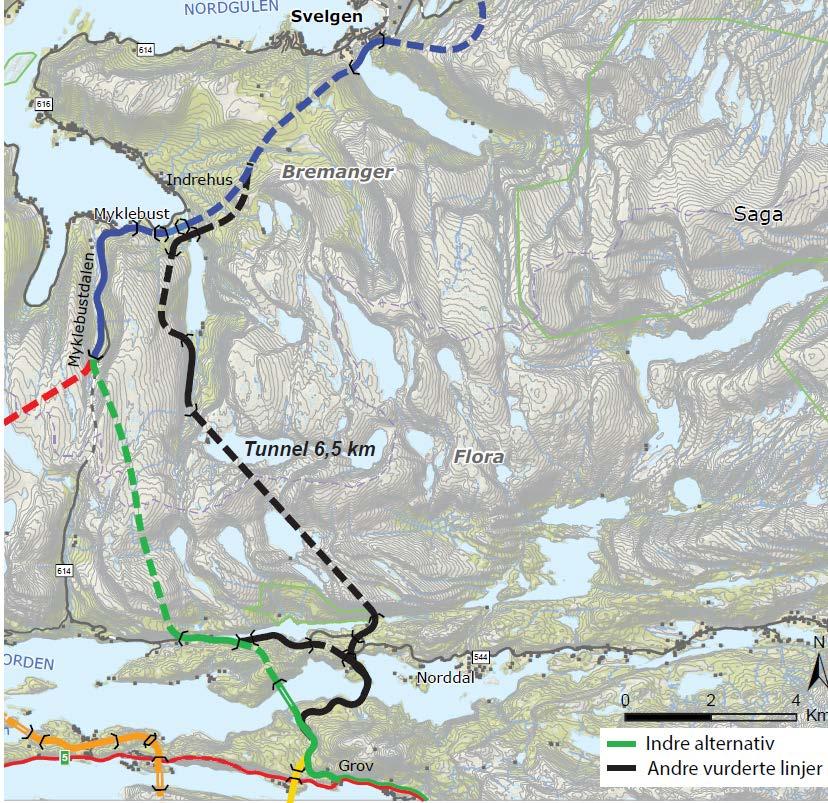 Delstrekning 4 Grov - Indrehus Utfordringar Krapp kurvatur på dagens veg Urørte naturområde Vanskeleg tunnelpåhogg Ny trasé til Indrehus, aust for dagens veg er vurdert Urørte naturområde Ikkje