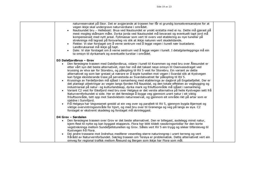 Side 19 av 23 naturreservatet på Skor. Det er avgjerande at traseen her får ei grundig konsekvensanalyse for at vegen ikkje skal undergrave natur verdiane i området.