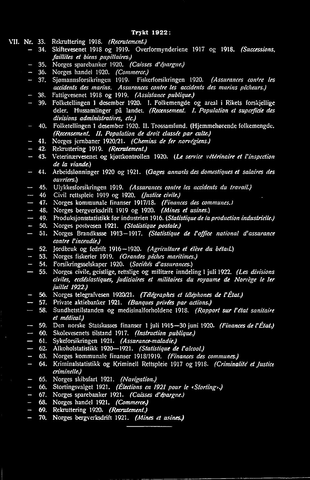 ) - 41. Norges jernbaner 192/21. (Chemins de fer norvegiens) - 42. Rekruttering 1919. (Recrutement) - 43. Veterinærvenet og kjøttkontrollen 192.