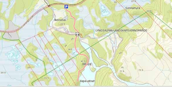 ASPVATNET Lengde: 2 km Koordinater: N 7745711.13 Øst 691433.01 Parker ved parkeringsplass i Sør-Lenangsbotn.