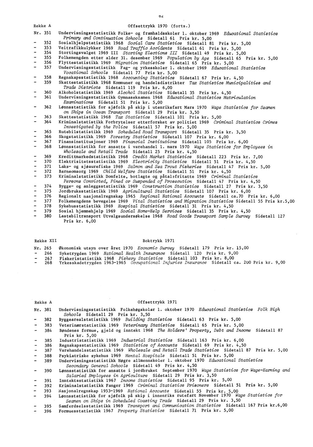 Rekke A O L Offsettrykk 1970 (forts.) Nr. 351 Undervisningsstatistikk Folke- og framhaldsskoler 1. oktober 1969 Educational Statistics Primary and Continuation Schools Sidetall 61 Pris kr.