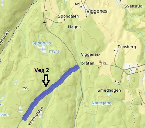 Figur 5. Kart over Veg 2 i Aurskog-Høland. Målingene som ble utført i Aurskog-Høland kommune i Akershus ble gjennomført den 12.11.2015 på en sideveg tilhørende Ringkollveien.