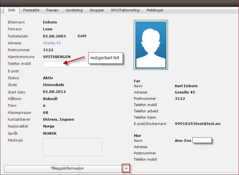 Info/foresatte I dette bildet kan du lese dit barns elevkort. Her kan du legge inn barnets telefonnummer om det er aktuelt.
