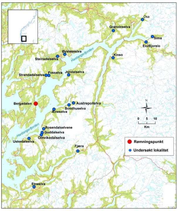 Figur 1. Undersøkte vassdrag (blå sirkler) i Hardangerfjorden.