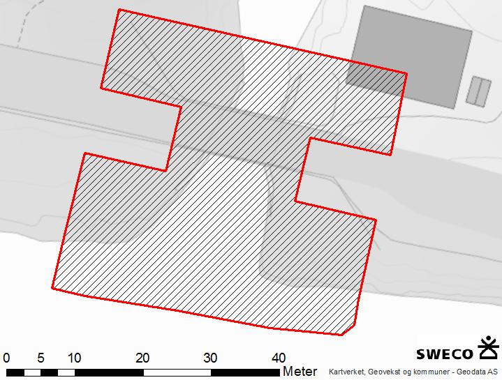 Figur 6 Omtrentlig utstrekning på plastringen rundt landkar (Skrålinjefyll) I Figur 6 er en omtrentlig utstrekning av nødvendig plastring av landkar og pilarer vist.