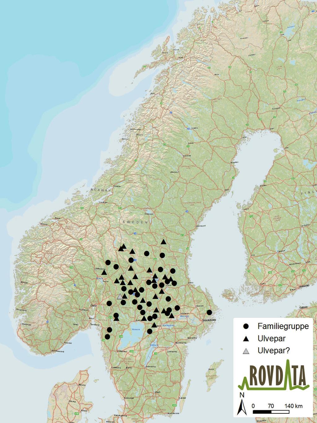 RAPPORT TIL MILJØVERNDEPARTEMENTET EVALUERING AV ULVESONA Figur 3. Ulveflokker og revirmarkerende par av ulv i Skandinavia vinteren 2011-2012. Kilder: Isaksen, K. m.fl. 1998.