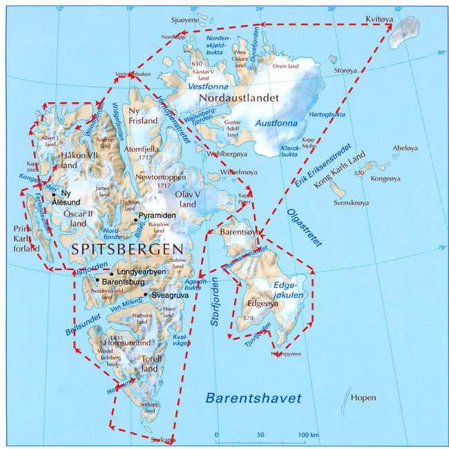 Side 13 Foretar turer av varierende lengde. Typisk varighet er 3 14 dager Opererer rundt hele Svalbard, se Figur 3-2. Setter i land passasjerer flere steder enn de oversjøiske cruiseskipene.