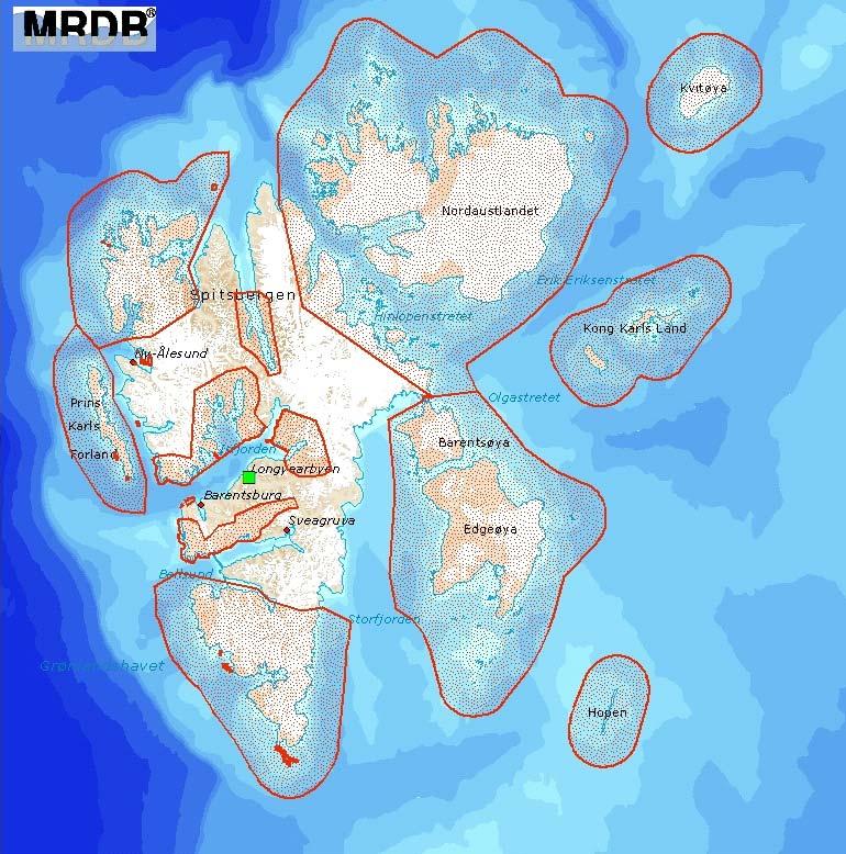 Side 60 9.2 Vurdering av mulige konsekvenser for miljøet Figuren under viser verneområdene på Svalbard. Deler av Isfjorden er inkludert i et vernområde.